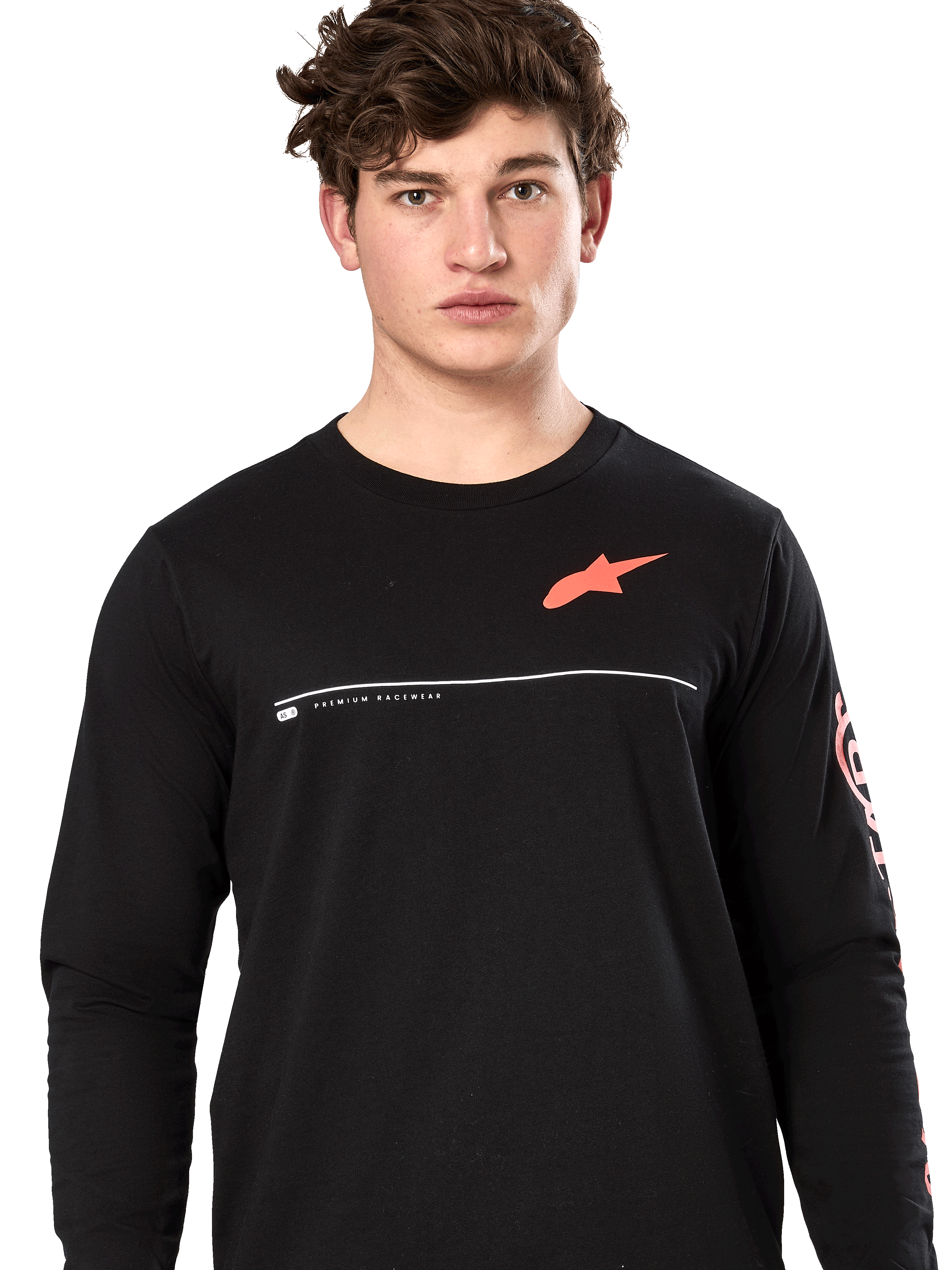 Alpinestars Committed CSF Tee, Long Sleeve T-Shirt, Black, male model wearing tee with orange Astars chest logo and white 'Premium Racewear' graphic, casual motorsport streetwear
