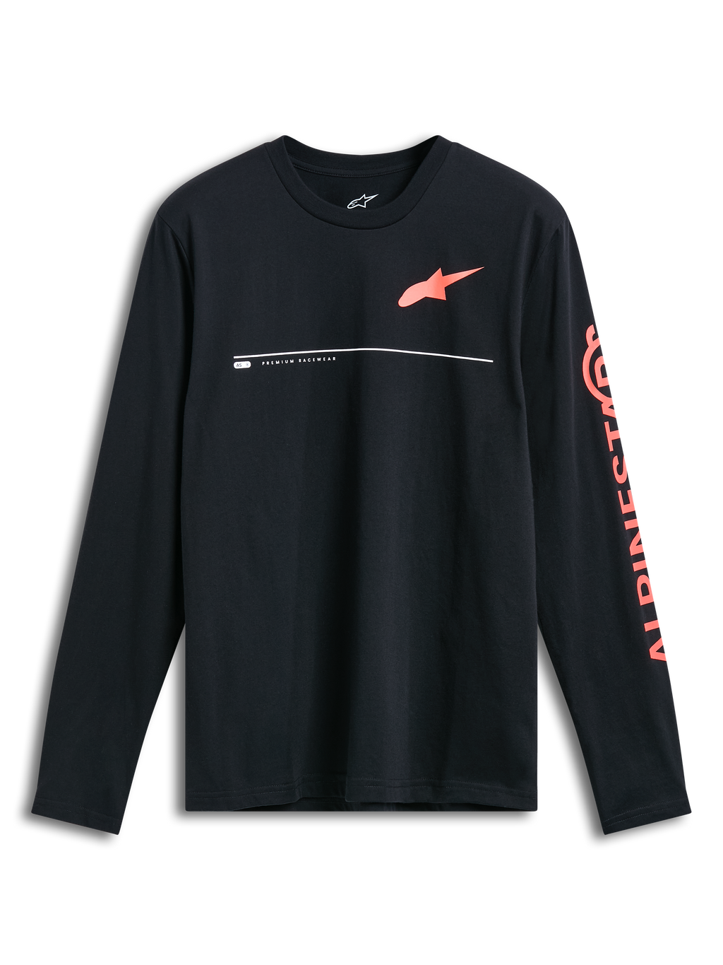 Alpinestars Committed CSF Tee, Long Sleeve T-Shirt, Black, Orange Astars chest logo with white 'Premium Racewear' line detail, large orange Alpinestars text on the sleeve, casual motorsport-inspired design