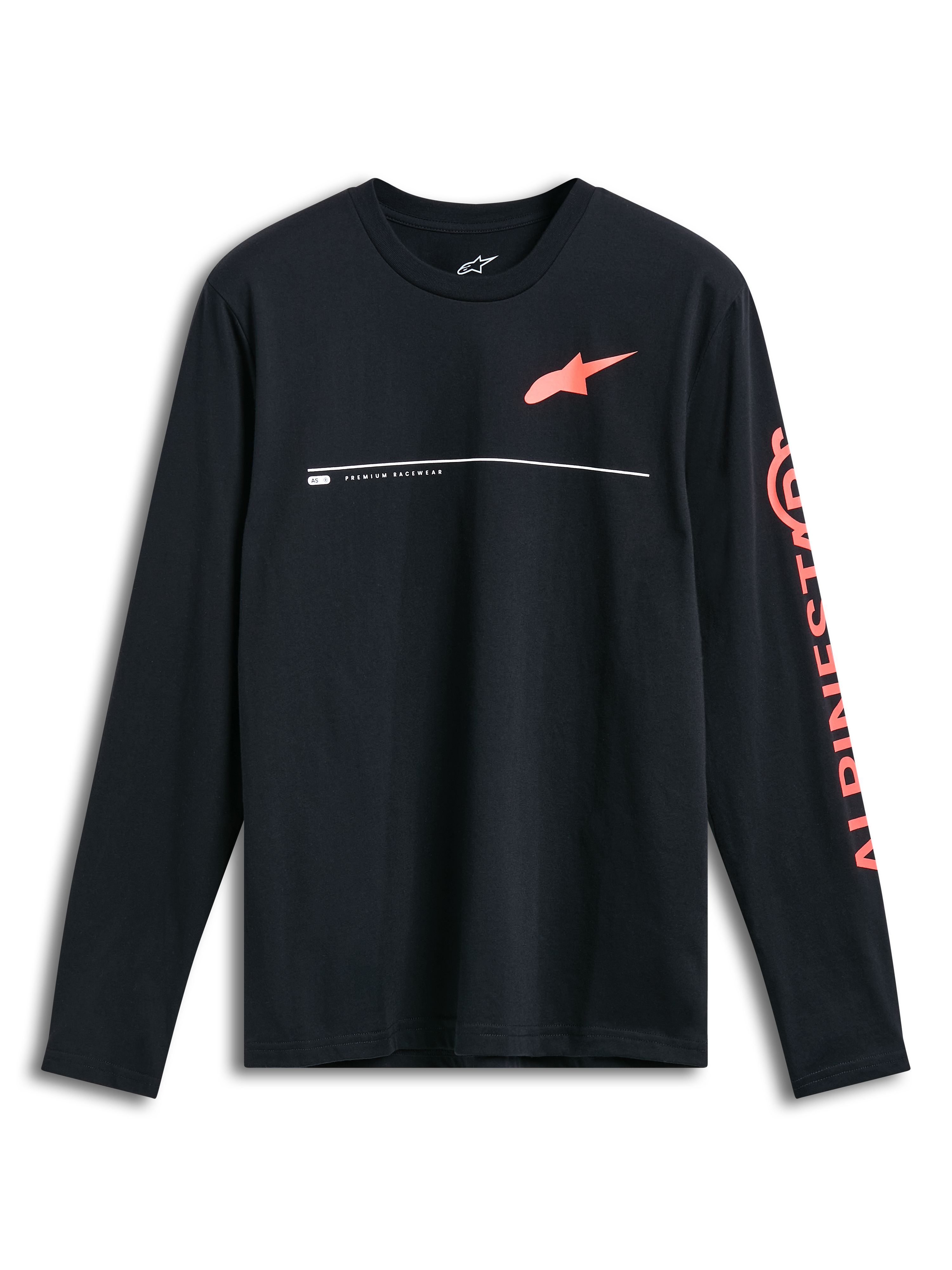 Alpinestars Committed CSF Tee, Long Sleeve T-Shirt, Black, Orange Astars chest logo with white 'Premium Racewear' line detail, large orange Alpinestars text on the sleeve, casual motorsport-inspired design
