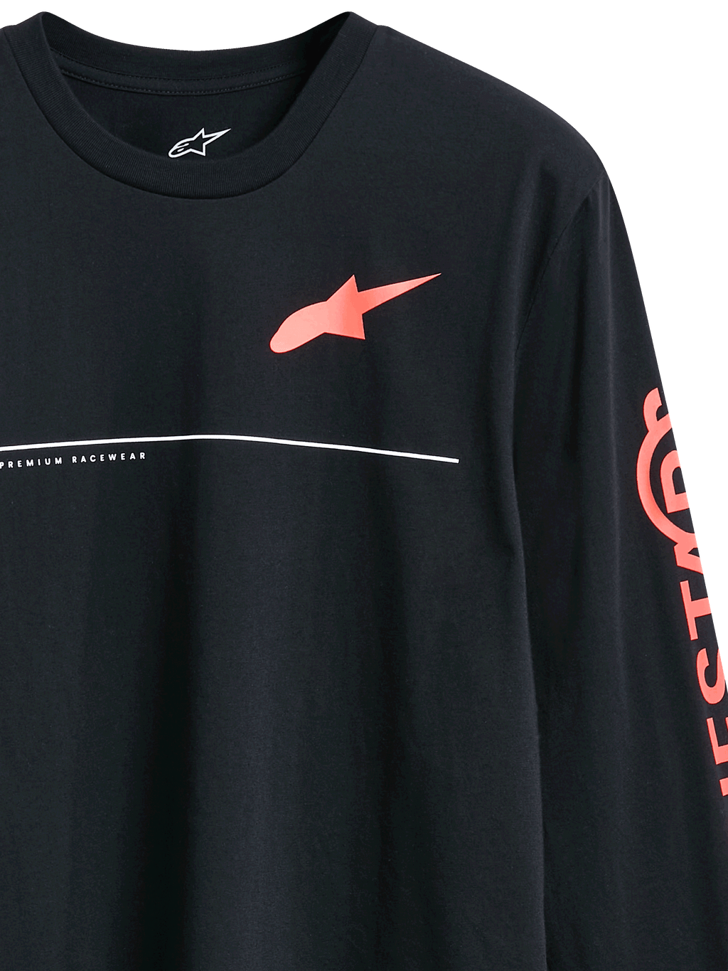 Alpinestars Committed CSF Tee, Long Sleeve T-Shirt, Black, Red Astars Chest Logo and Sleeve Branding, featuring 'Premium Racewear' text and white horizontal line detail, Casual Motorsport Sportswear