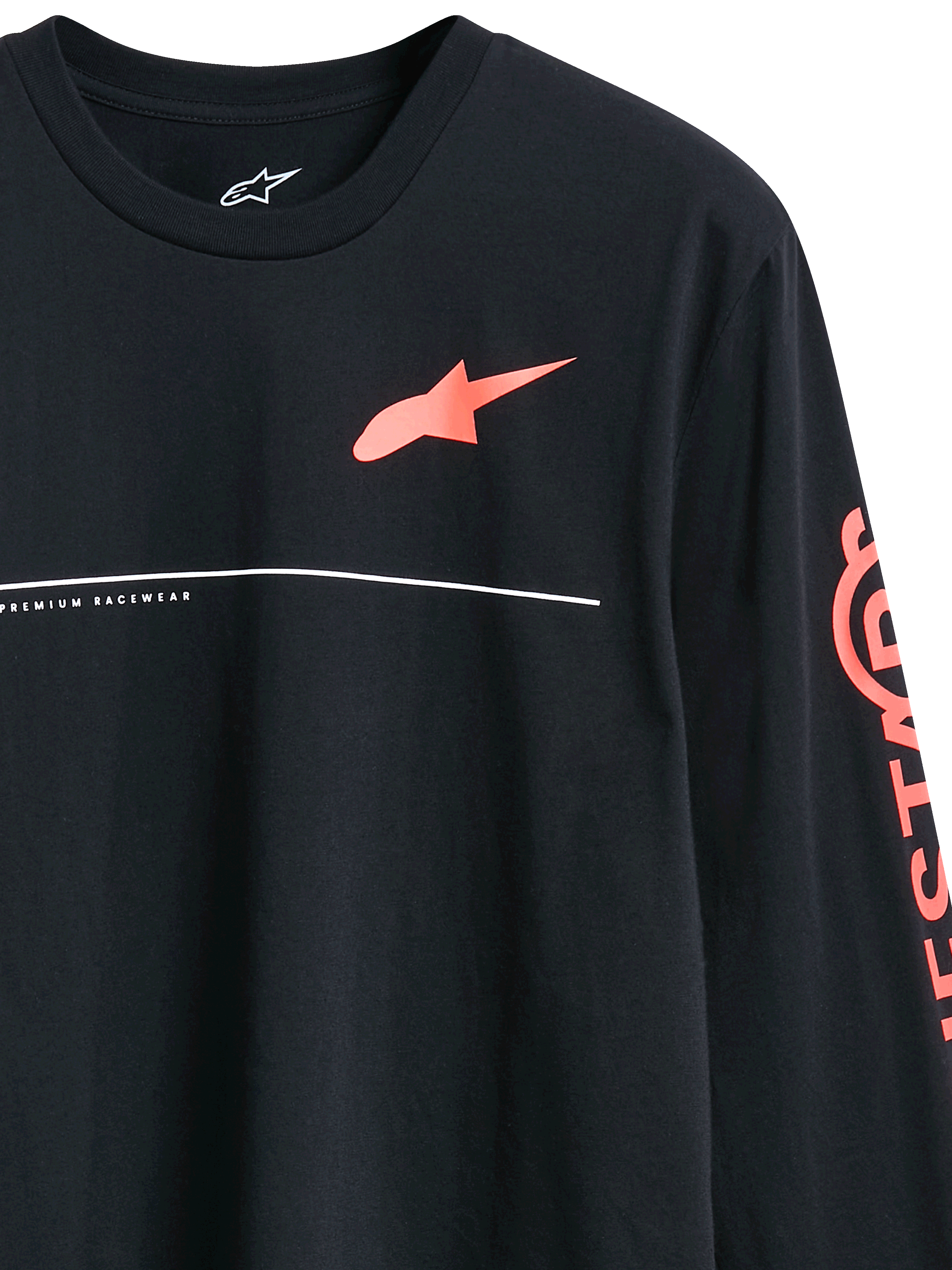 Alpinestars Committed CSF Tee, Long Sleeve T-Shirt, Black, Red Astars Chest Logo and Sleeve Branding, featuring 'Premium Racewear' text and white horizontal line detail, Casual Motorsport Sportswear