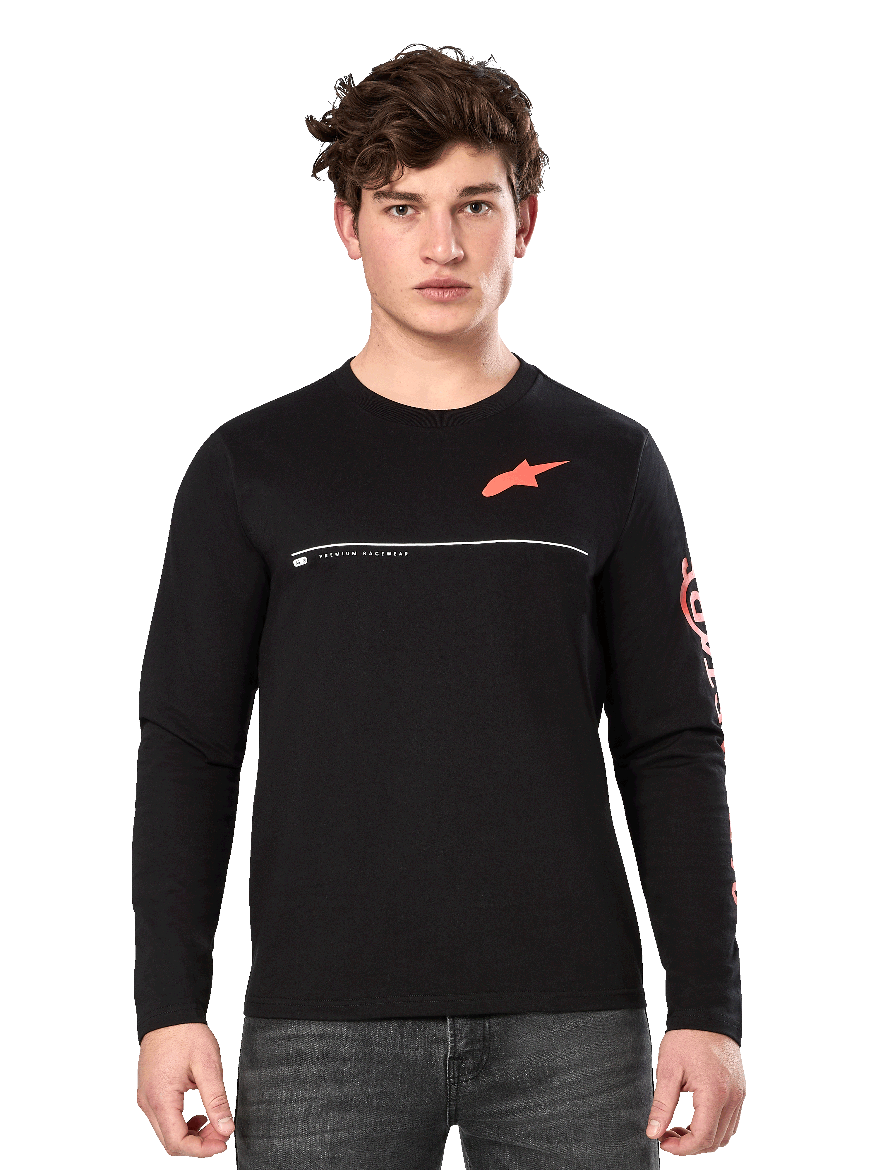 Alpinestars Committed CSF Long Sleeve Tee, Black, male model wearing casual long-sleeve shirt with orange Astars logo on chest, white line detail, and bold orange sleeve graphics, paired with dark grey jeans