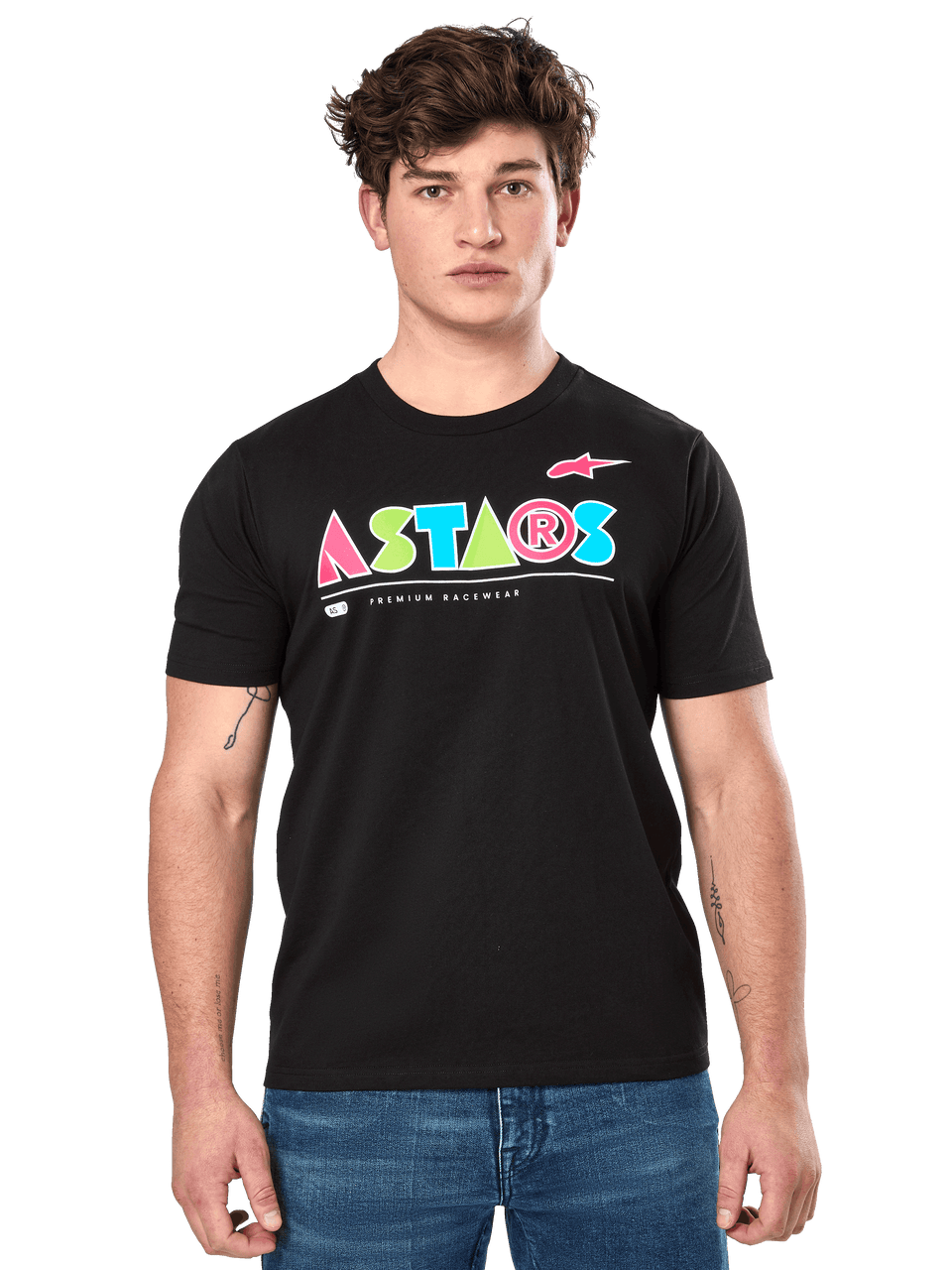 Alpinestars Cereal CSF Tee, Black Short Sleeve T-Shirt, worn by male model, colorful geometric ASTARS logo with Premium Racewear text, casual motorsport streetwear