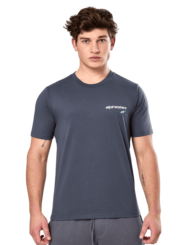 Alpinestars No Barrier CSF Tee, Short Sleeve T-Shirt, Charcoal, white Alpinestars logo with a teal star on the chest, casual motorsport streetwear