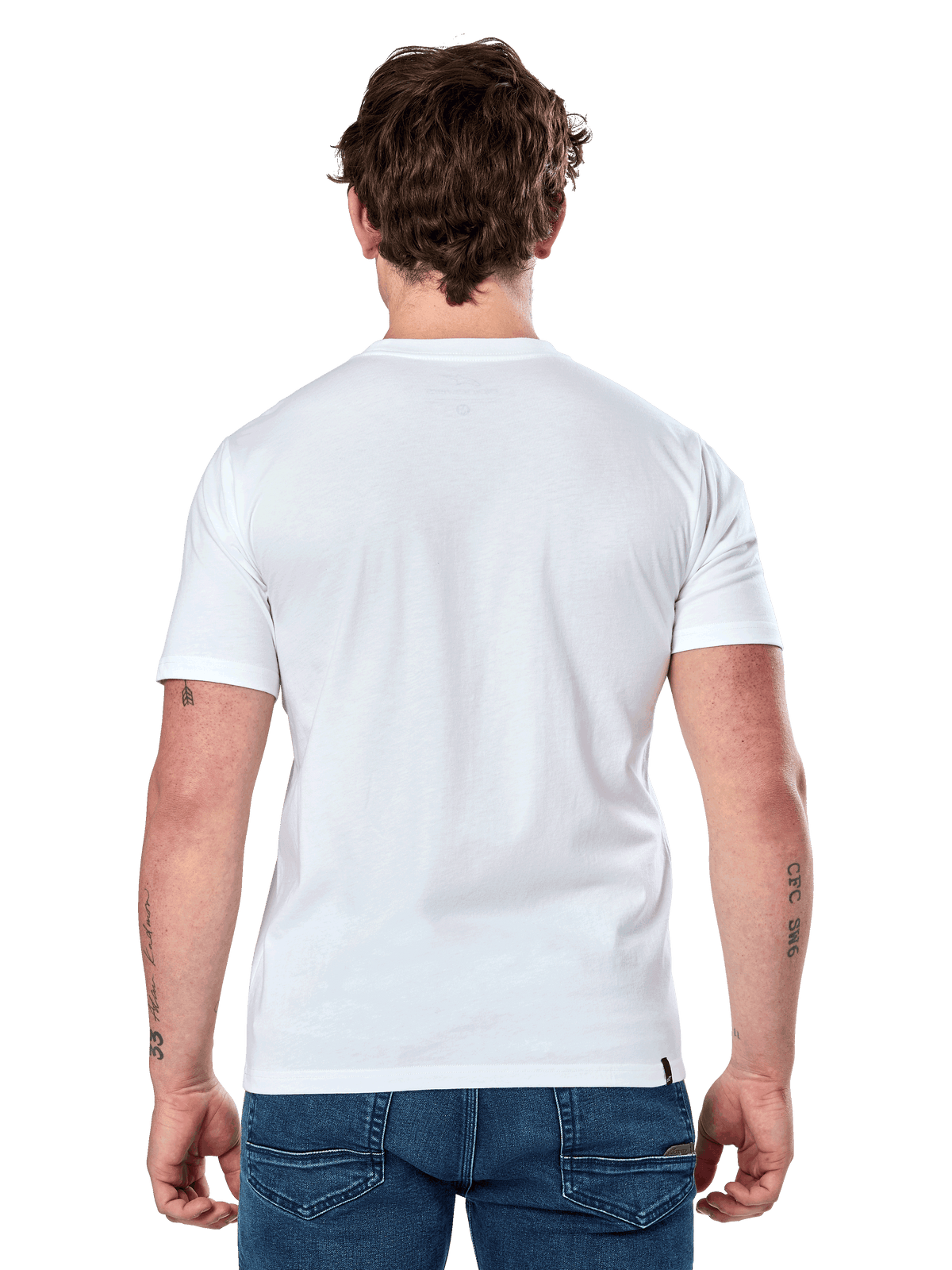 Alpinestars Dot Carbon Csf Tee, Short Sleeve T-Shirt, White, back view on model, worn with blue denim jeans, casual motorsport streetwear