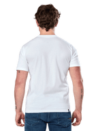 Alpinestars Dot Carbon Csf Tee, Short Sleeve T-Shirt, White, back view on model, worn with blue denim jeans, casual motorsport streetwear
