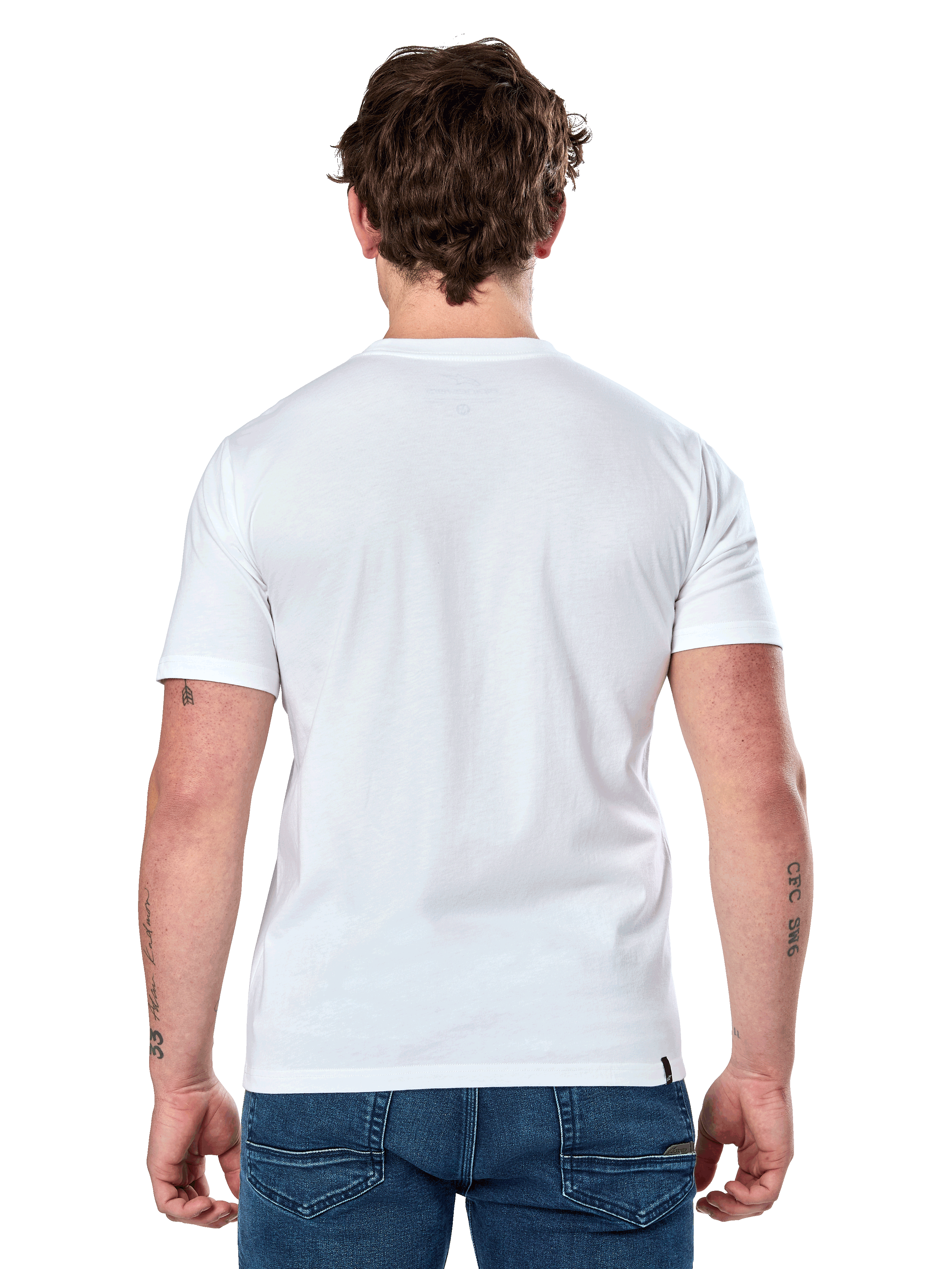Alpinestars Dot Carbon Csf Tee, Short Sleeve T-Shirt, White, back view on model, worn with blue denim jeans, casual motorsport streetwear