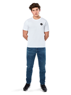 Alpinestars Dot Carbon Csf Tee, Short Sleeve T-Shirt, White, Circular Astars Logo with carbon fiber look, Casual Motorsport Streetwear, worn by a male model with blue jeans and black sneakers