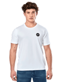 Alpinestars Dot Carbon CSF Tee, White Short Sleeve T-Shirt, Male model wearing white tee with small black circular logo on chest and blue jeans, Casual Motorsport Style