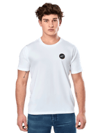 Alpinestars Dot Carbon CSF Tee, White Short Sleeve T-Shirt, Male model wearing white tee with small black circular logo on chest and blue jeans, Casual Motorsport Style
