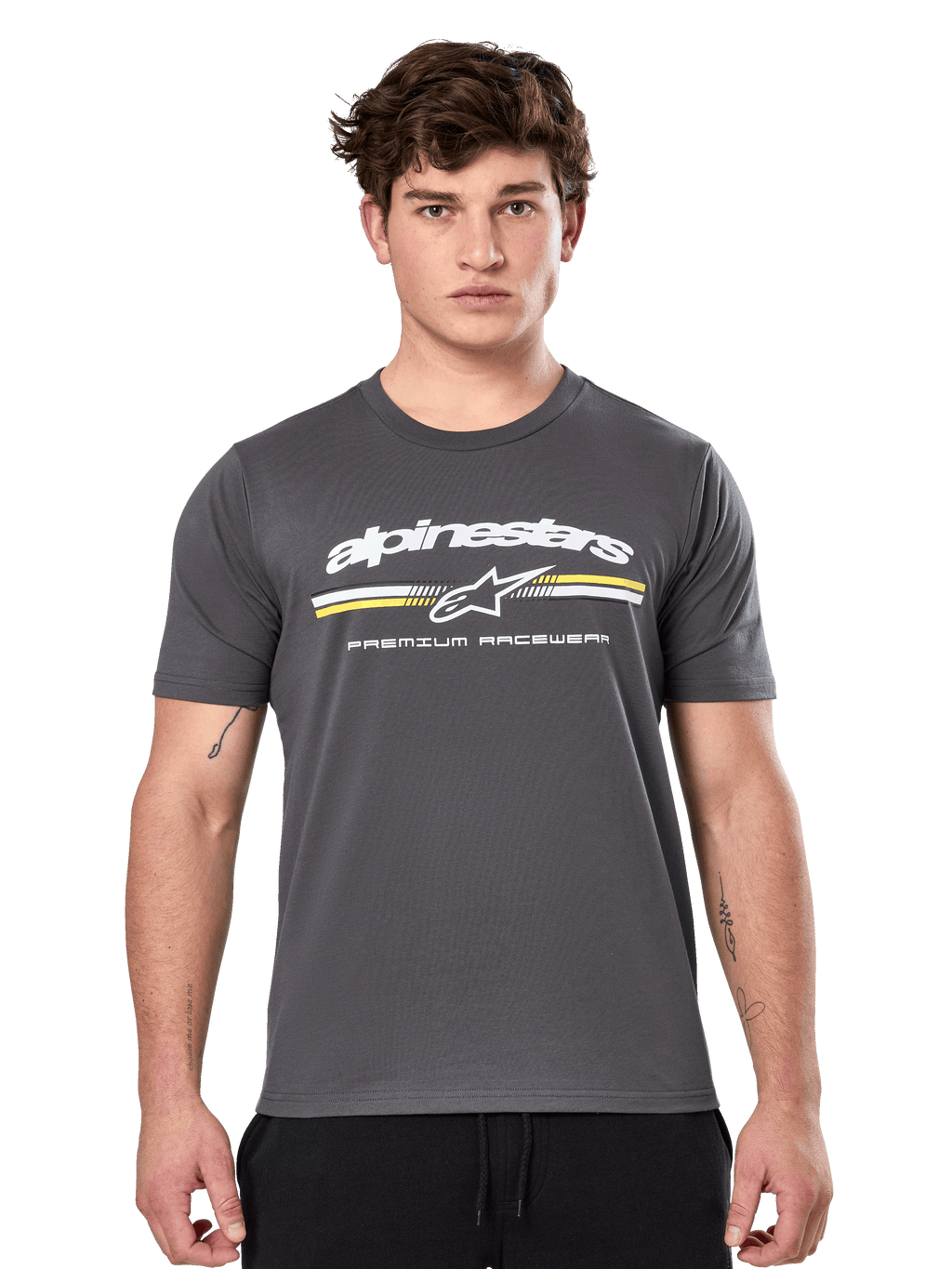 Alpinestars Prevail CSF Tee, Charcoal Gray Short Sleeve T-Shirt, white Alpinestars logo with yellow and white stripes and 'Premium Racewear' graphic, casual motorsport-inspired streetwear