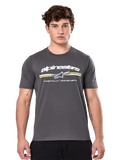 Alpinestars Prevail CSF Tee, Charcoal Gray Short Sleeve T-Shirt, white Alpinestars logo with yellow and white stripes and 'Premium Racewear' graphic, casual motorsport-inspired streetwear