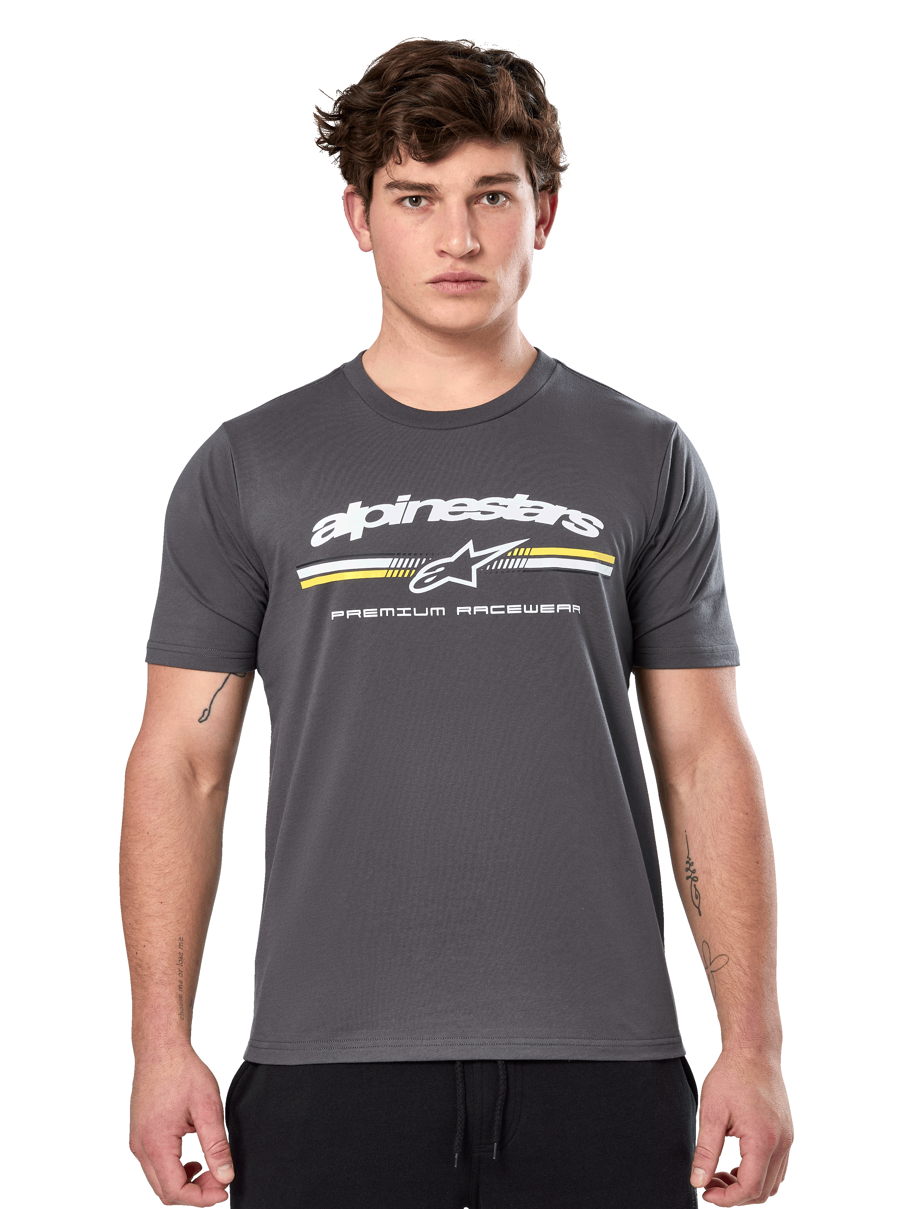 Alpinestars Prevail CSF Tee, Charcoal Gray Short Sleeve T-Shirt, white Alpinestars logo with yellow and white stripes and 'Premium Racewear' graphic, casual motorsport-inspired streetwear