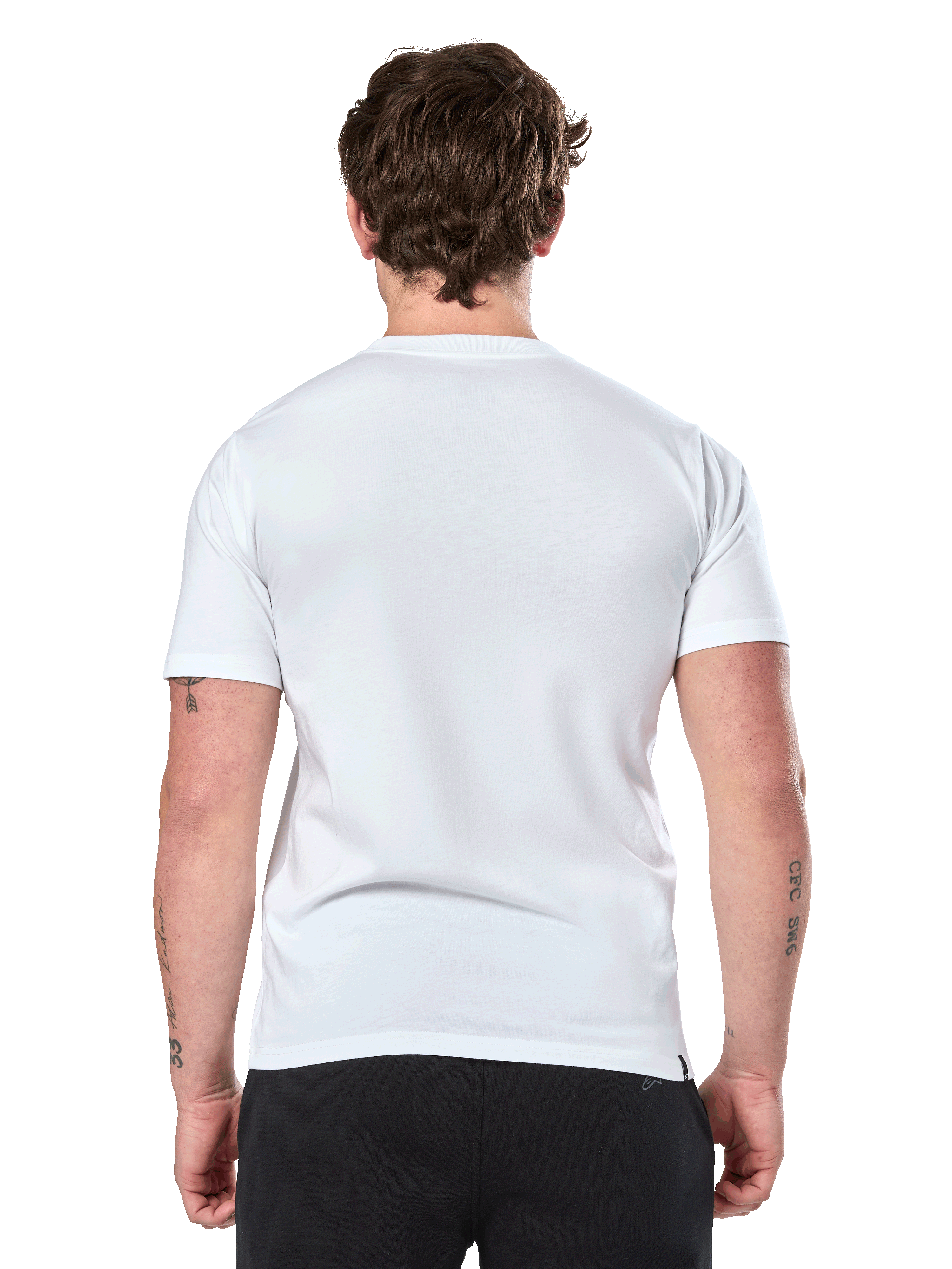 Alpinestars Prevail CSF Tee, Short Sleeve T-Shirt, White, Back View, worn with black pants, casual motorsport streetwear