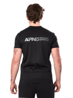 Alpinestars Exemption Performance Tee, Short Sleeve Performance T-Shirt, Black, back view showing reflective Alpinestars logo across the shoulders, athletic fit, sustainable performance sportswear