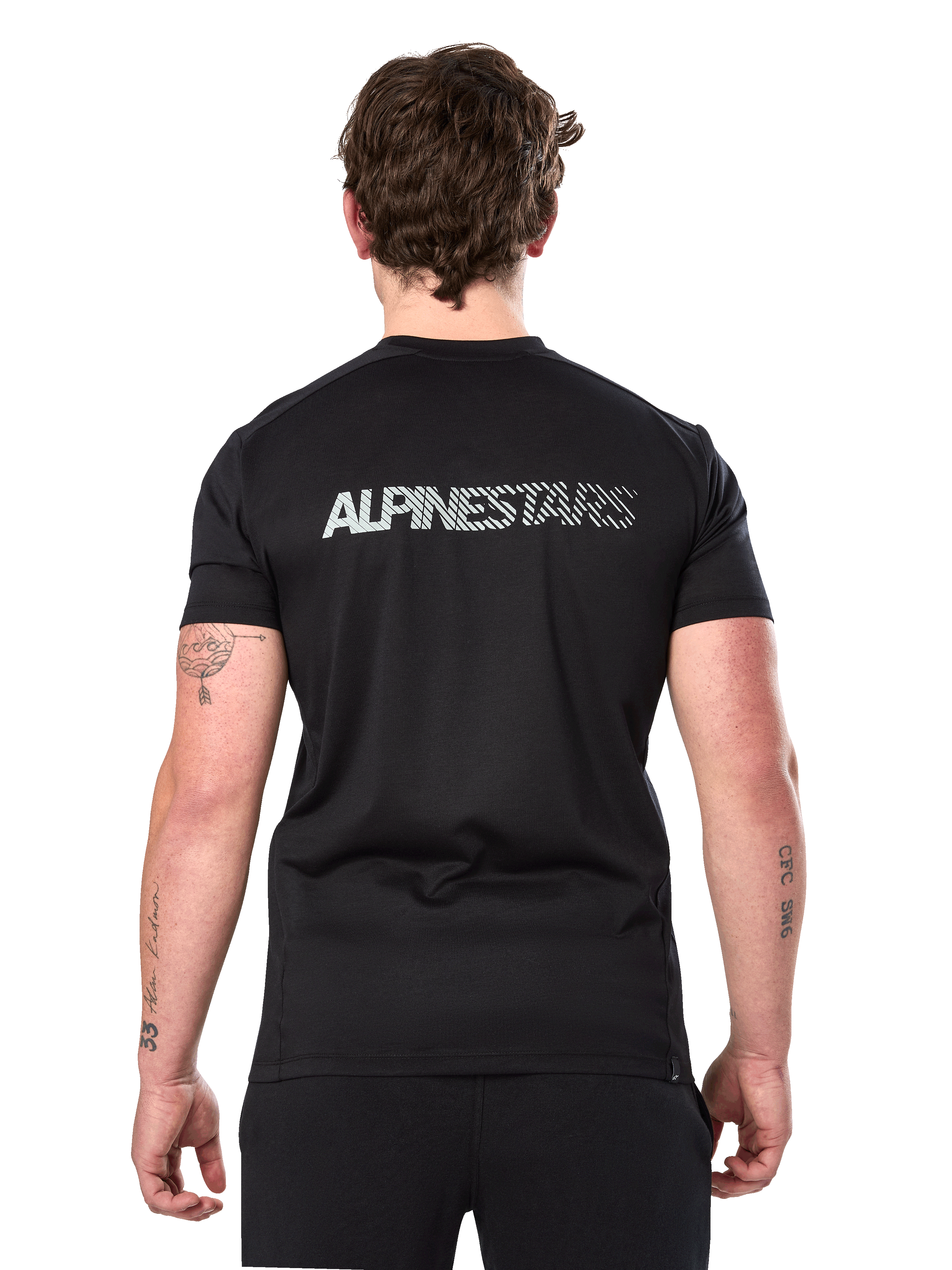 Alpinestars Exemption Performance Tee, Short Sleeve Performance T-Shirt, Black, back view showing reflective Alpinestars logo across the shoulders, athletic fit, sustainable performance sportswear