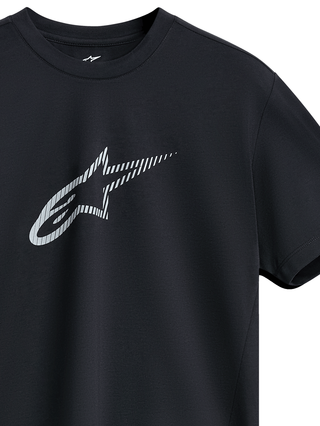Alpinestars Exemption Performance Tee, Short Sleeve T-Shirt, Black, large striped Alpinestars Astar logo on the chest, crew neck, performance moisture-wicking fabric