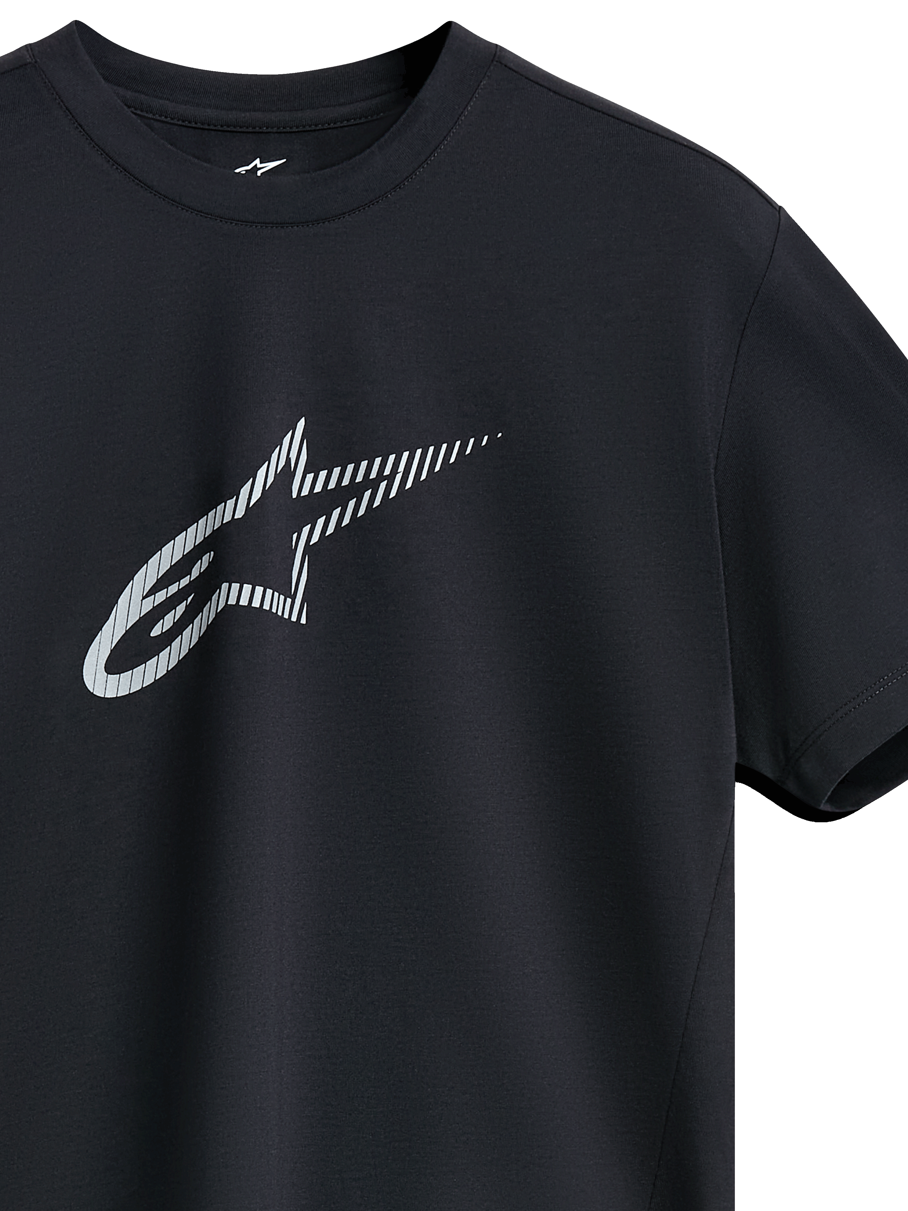 Alpinestars Exemption Performance Tee, Short Sleeve T-Shirt, Black, large striped Alpinestars Astar logo on the chest, crew neck, performance moisture-wicking fabric