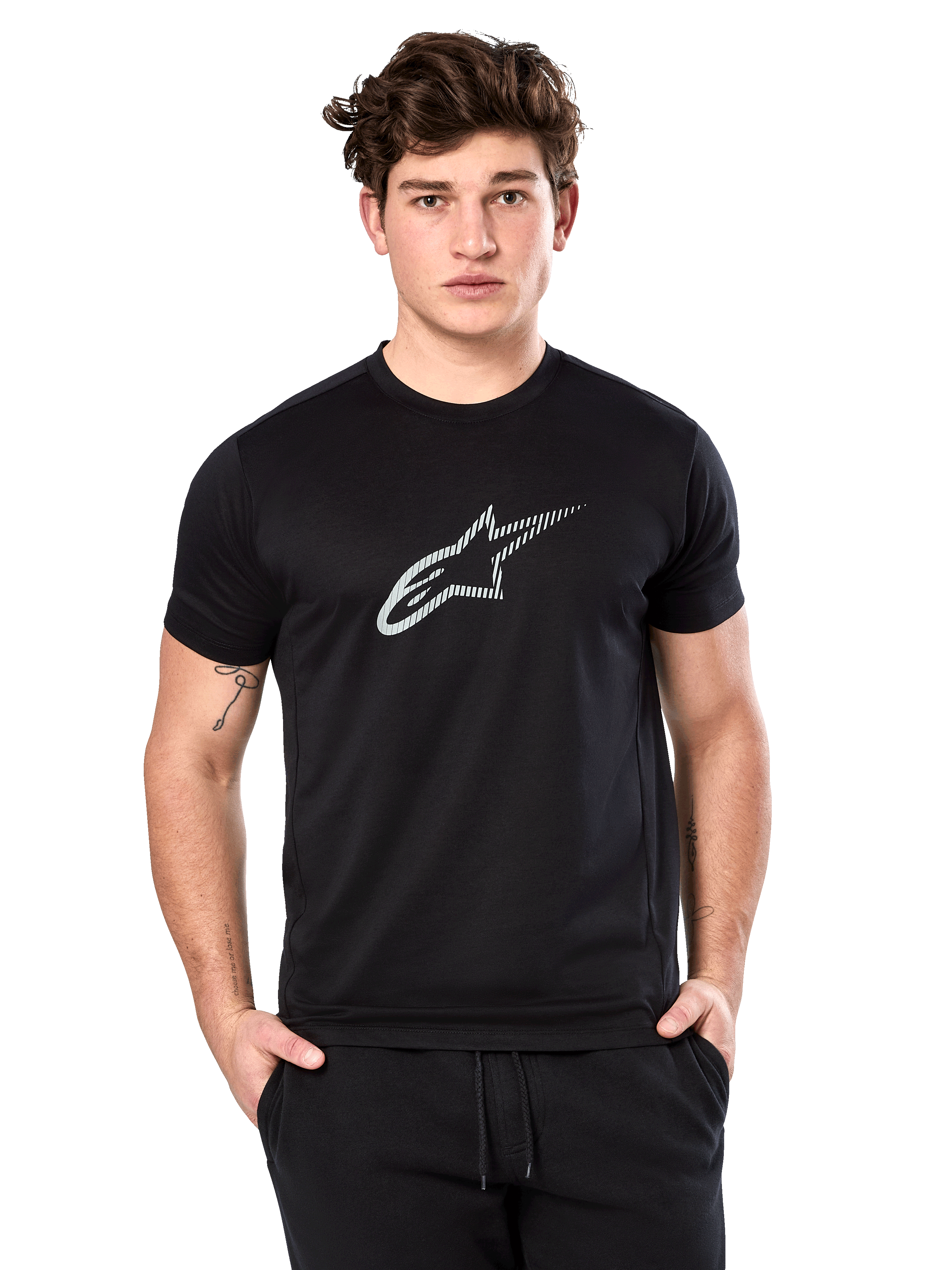 Alpinestars Exemption Performance Tee, Short Sleeve T-Shirt, Black with white reflective star logo, performance jersey fabric, casual motorsport-inspired streetwear
