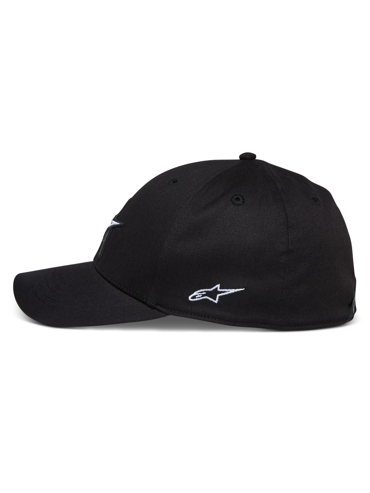 Alpinestars Elemental Hat, black curved bill cap, side view showing white embroidered Alpinestars logo, structured crown, stretch twill fabric, casual motorsport-inspired headwear