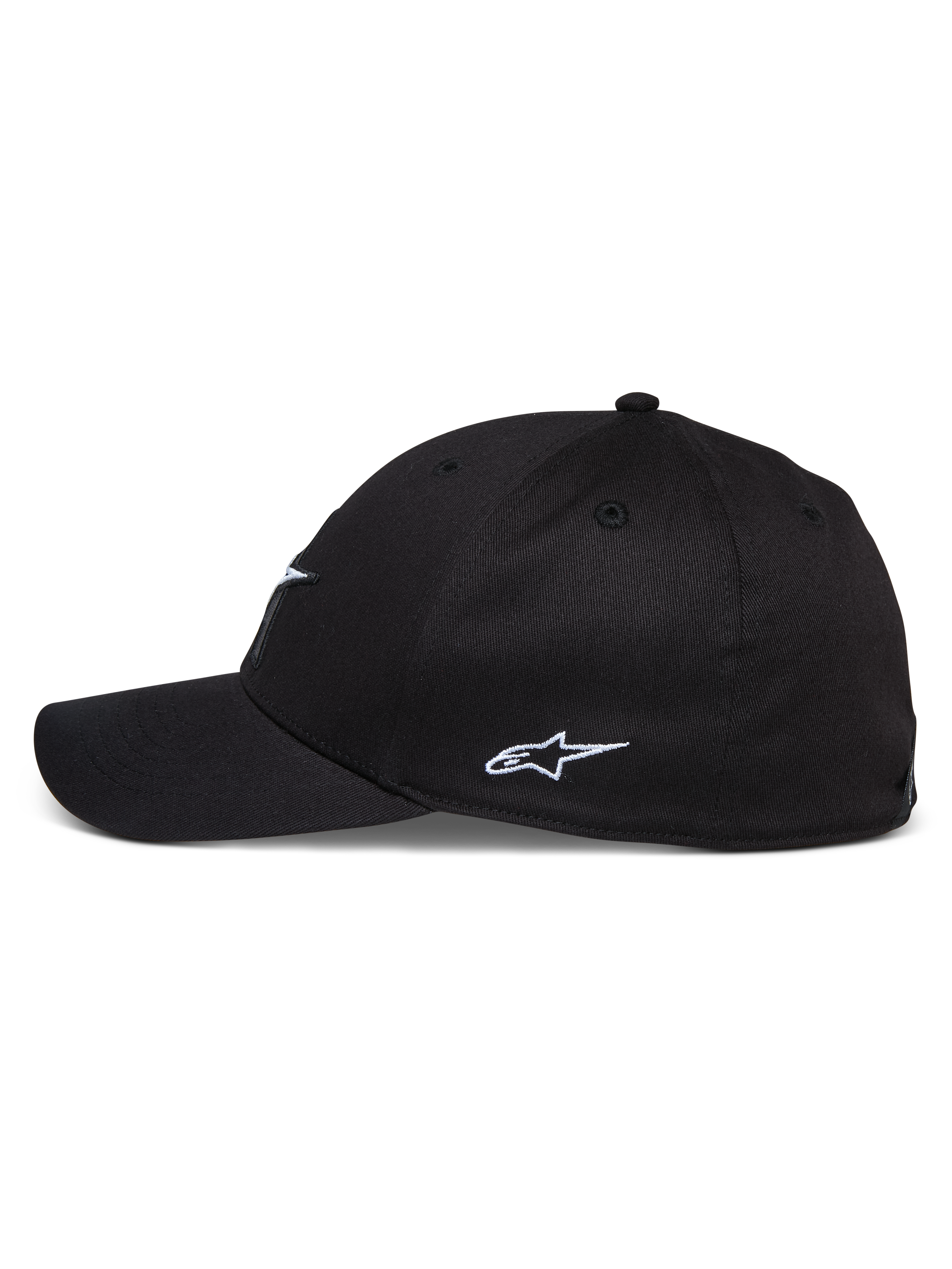 Alpinestars Elemental Hat, black curved bill cap, side view showing white embroidered Alpinestars logo, structured crown, stretch twill fabric, casual motorsport-inspired headwear