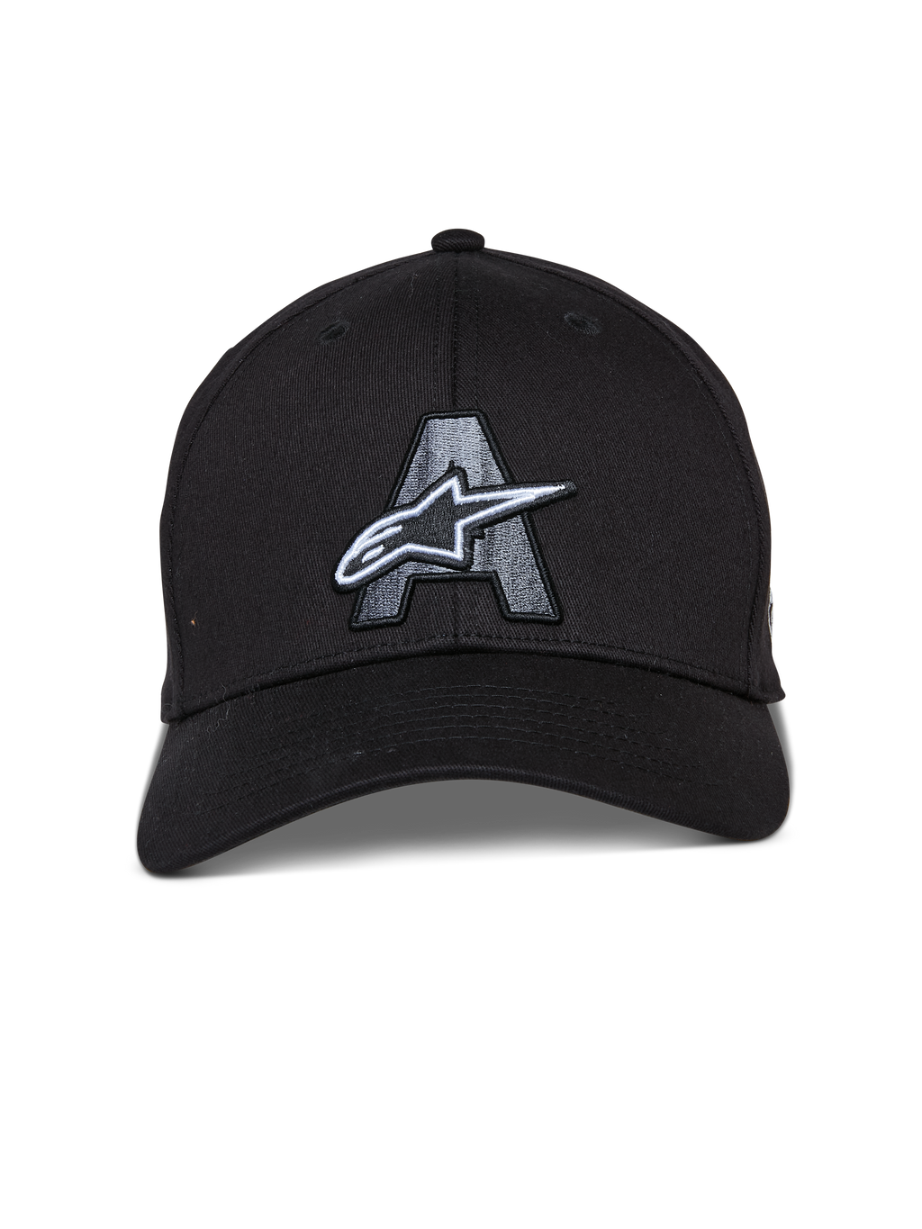 Alpinestars Elemental Hat, Black Baseball Cap, Curved Bill with Structured Crown, Large Gray Embroidered Letter A and White Astars Logo, Casual Motorsport Streetwear