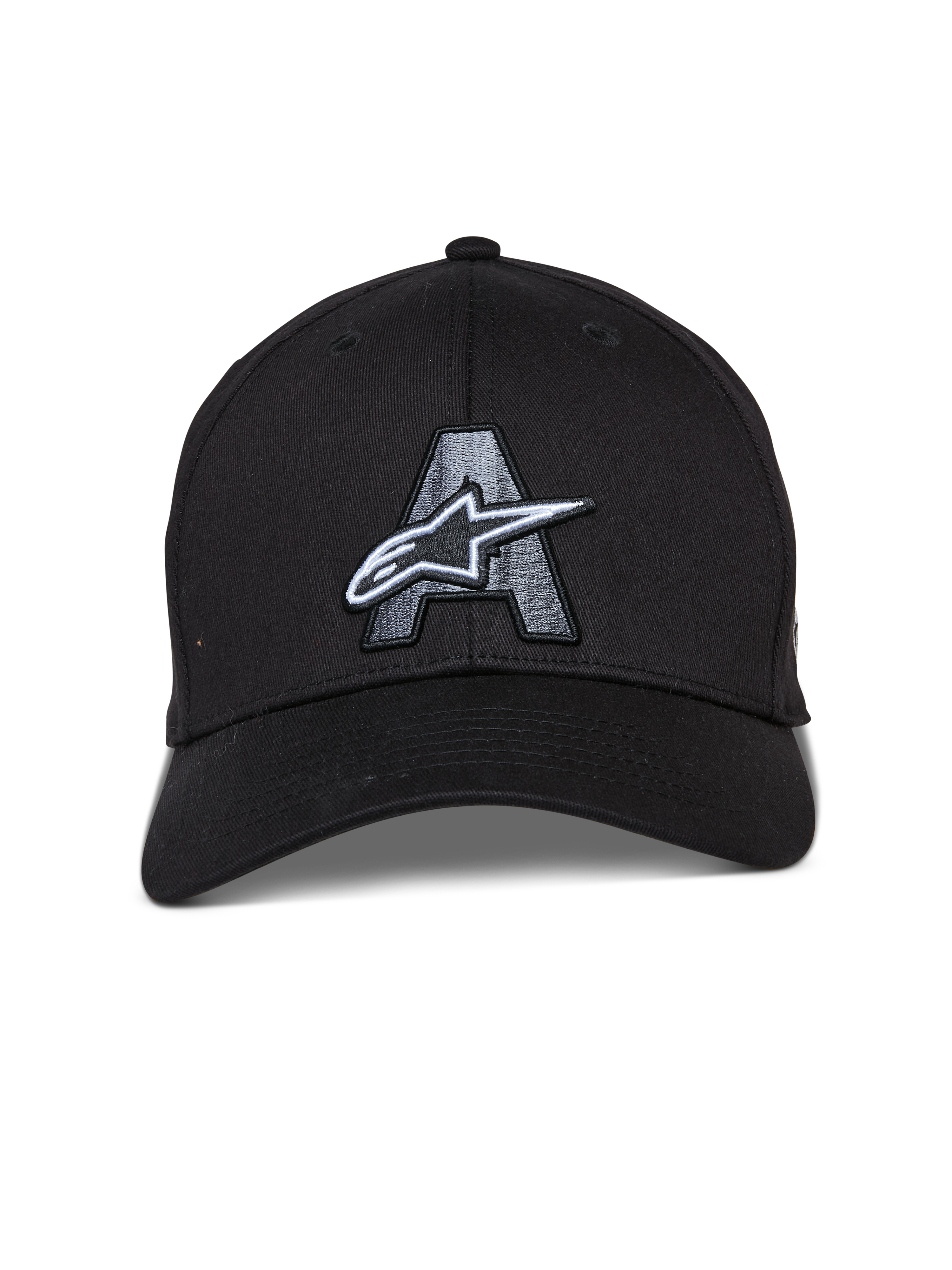 Alpinestars Elemental Hat, Black Baseball Cap, Curved Bill with Structured Crown, Large Gray Embroidered Letter A and White Astars Logo, Casual Motorsport Streetwear
