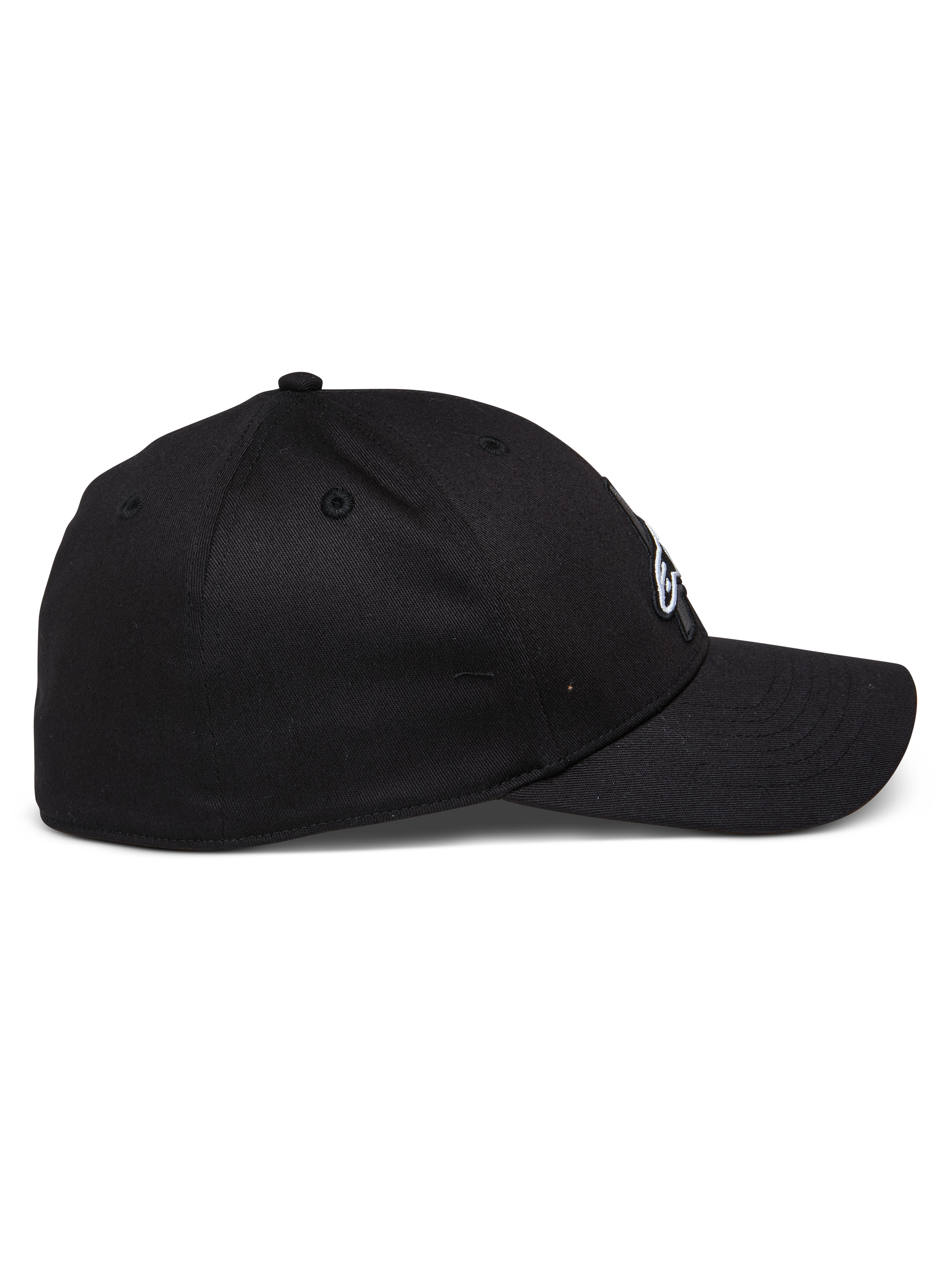 Alpinestars Elemental Hat, Black, Sportswear Baseball Cap, Side Profile View, Curved Bill with Structured Crown, Flex-Back Design, Stretch Twill Fabric, Casual Motorsport Headwear