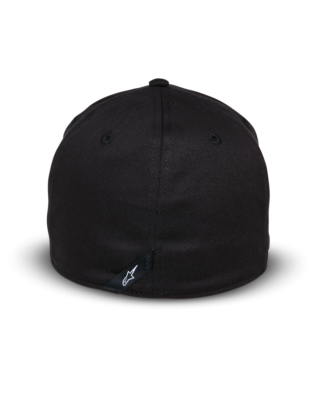 Alpinestars Elemental Hat, Black, Rear view showing flex-back design, stretch twill material, featuring a small black tab with white Alpinestars logo, casual motorsport headwear