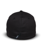 Alpinestars Elemental Hat, Black, Rear view showing flex-back design, stretch twill material, featuring a small black tab with white Alpinestars logo, casual motorsport headwear
