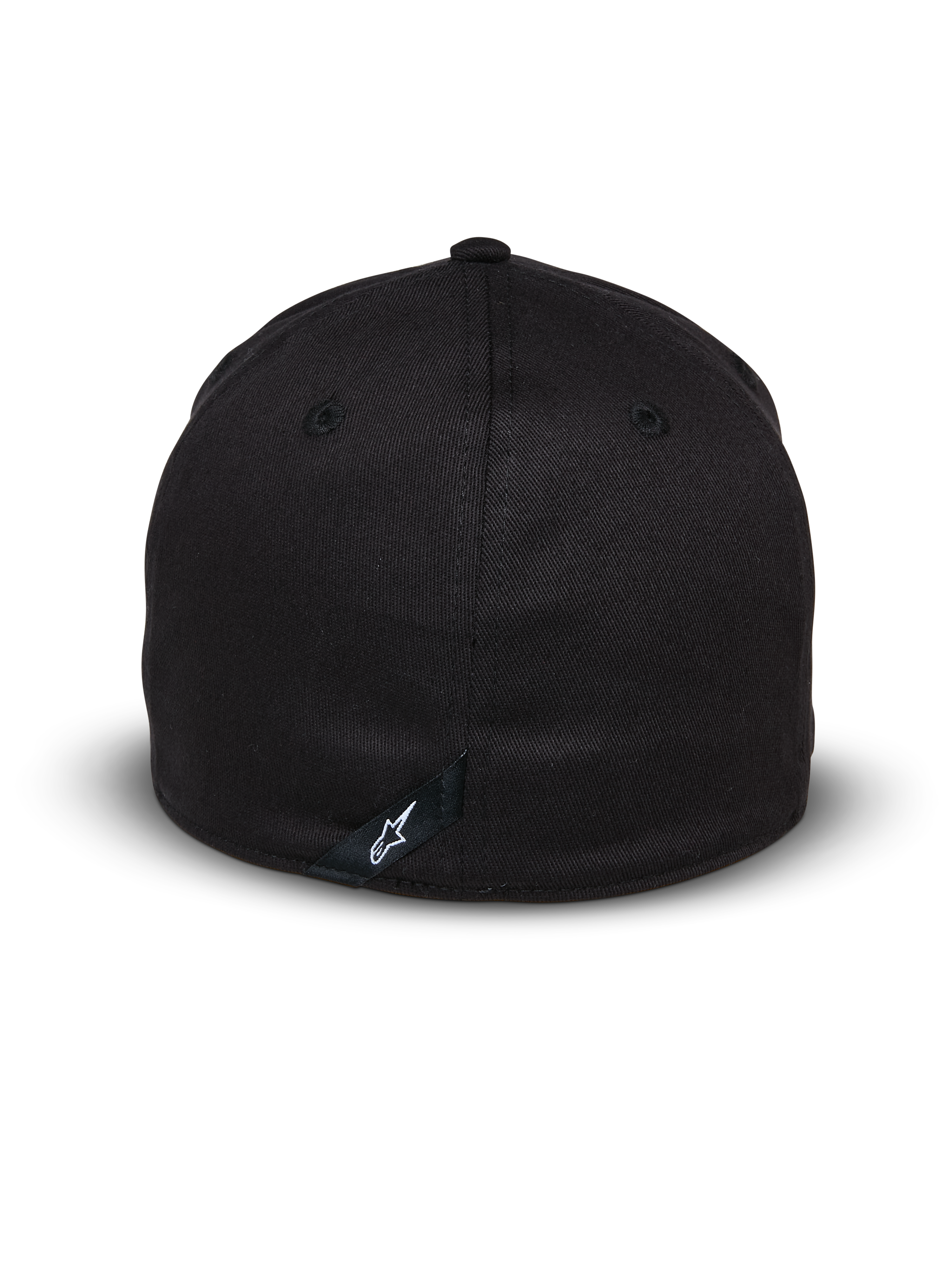 Alpinestars Elemental Hat, Black, Rear view showing flex-back design, stretch twill material, featuring a small black tab with white Alpinestars logo, casual motorsport headwear