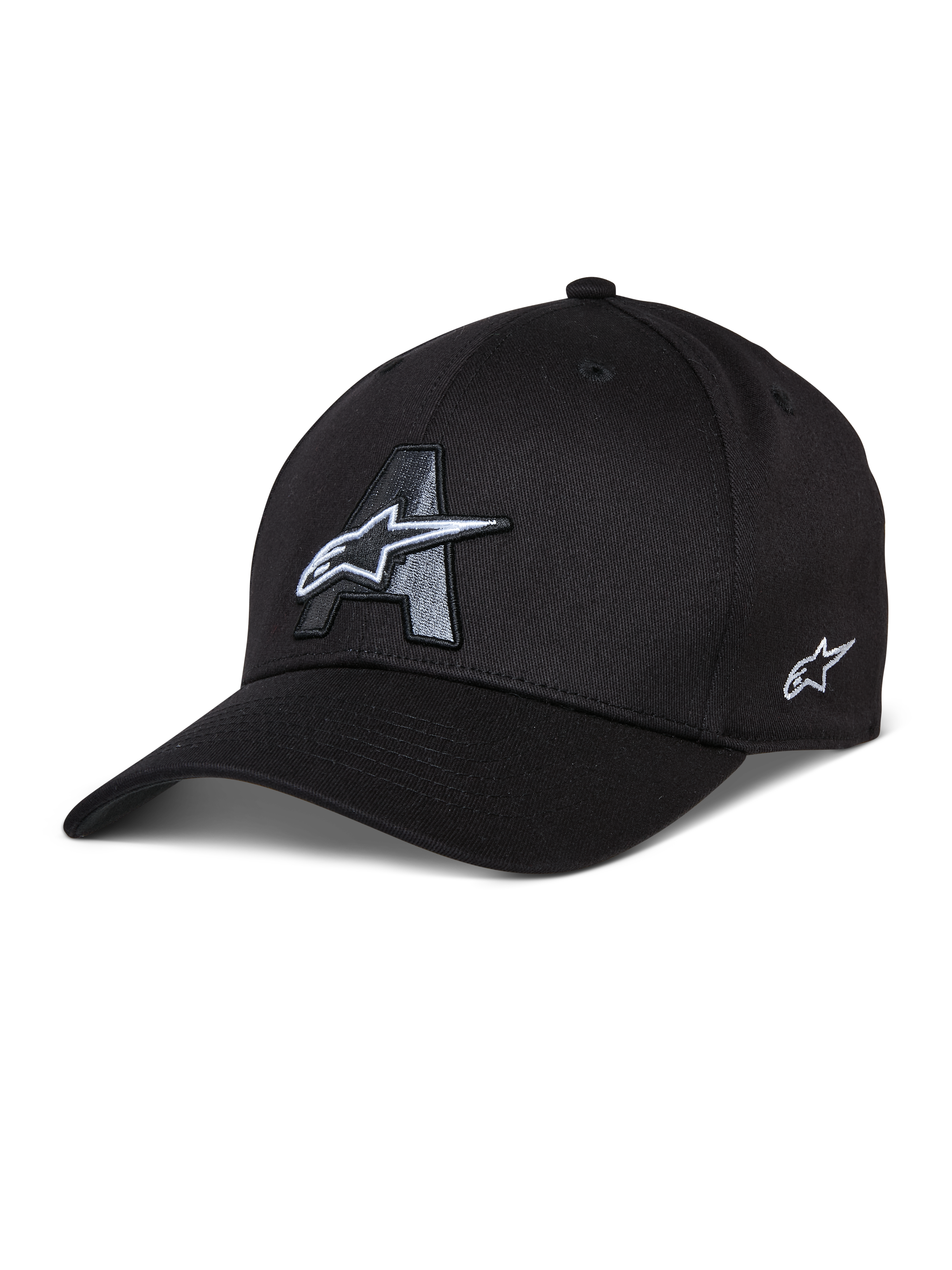 Alpinestars Elemental Hat, Black Baseball Cap with Gray A Logo and White Star 3D Embroidery, Curved Brim, Structured Crown, Six-Panel Construction with Ventilation Holes