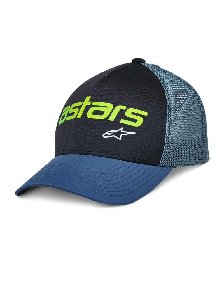 Alpinestars Vital Trucker Hat, Casual Trucker Cap, Black and Blue, Lime Green Astars Logo and White Star, Structured Crown, Curved Brim, Ventilated Mesh Back