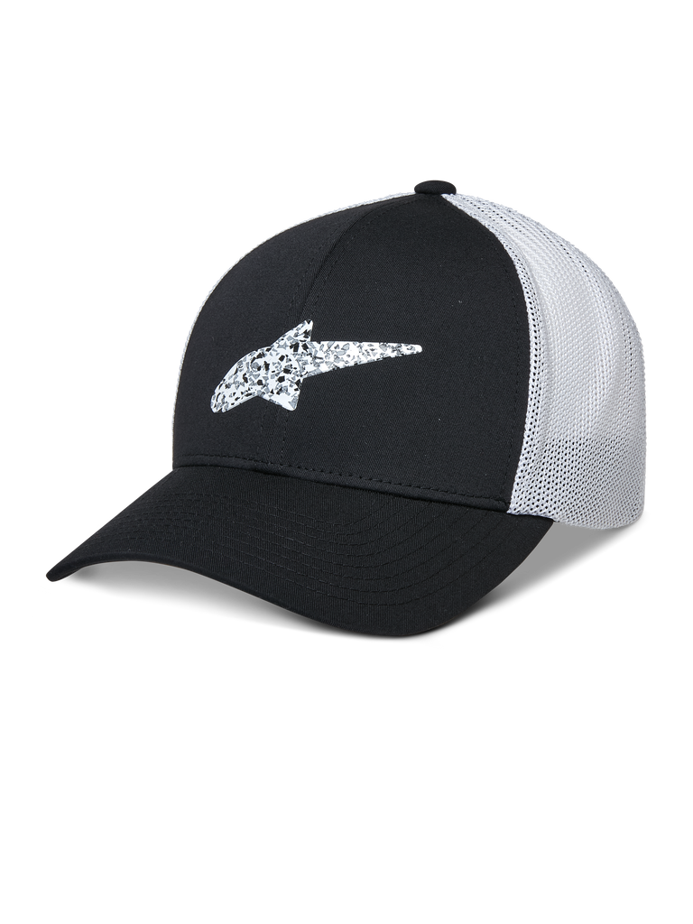 Alpinestars Terolithic Trucker Hat, Black and White, curved brim baseball cap with patterned TPU star logo, white breathable mesh back panel, structured low crown design