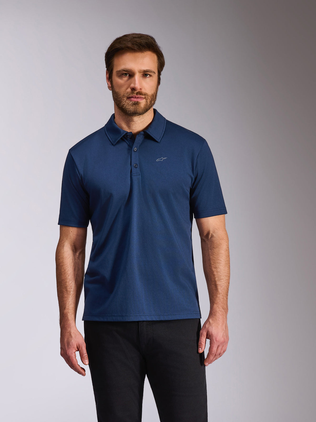 Alpinestars Impetus Sport Polo, Navy Blue, Short Sleeve Polo Shirt, 3-button placket with mock mesh fabric, featuring a small white Astars logo on the chest, casual motorsport-inspired lifestyle apparel