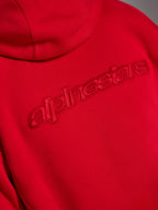Alpinestars Emergent Oversized Hoodie, Red, close-up of back showing tonal 3D embroidered Alpinestars word logo, raised monochromatic branding on fleece fabric
