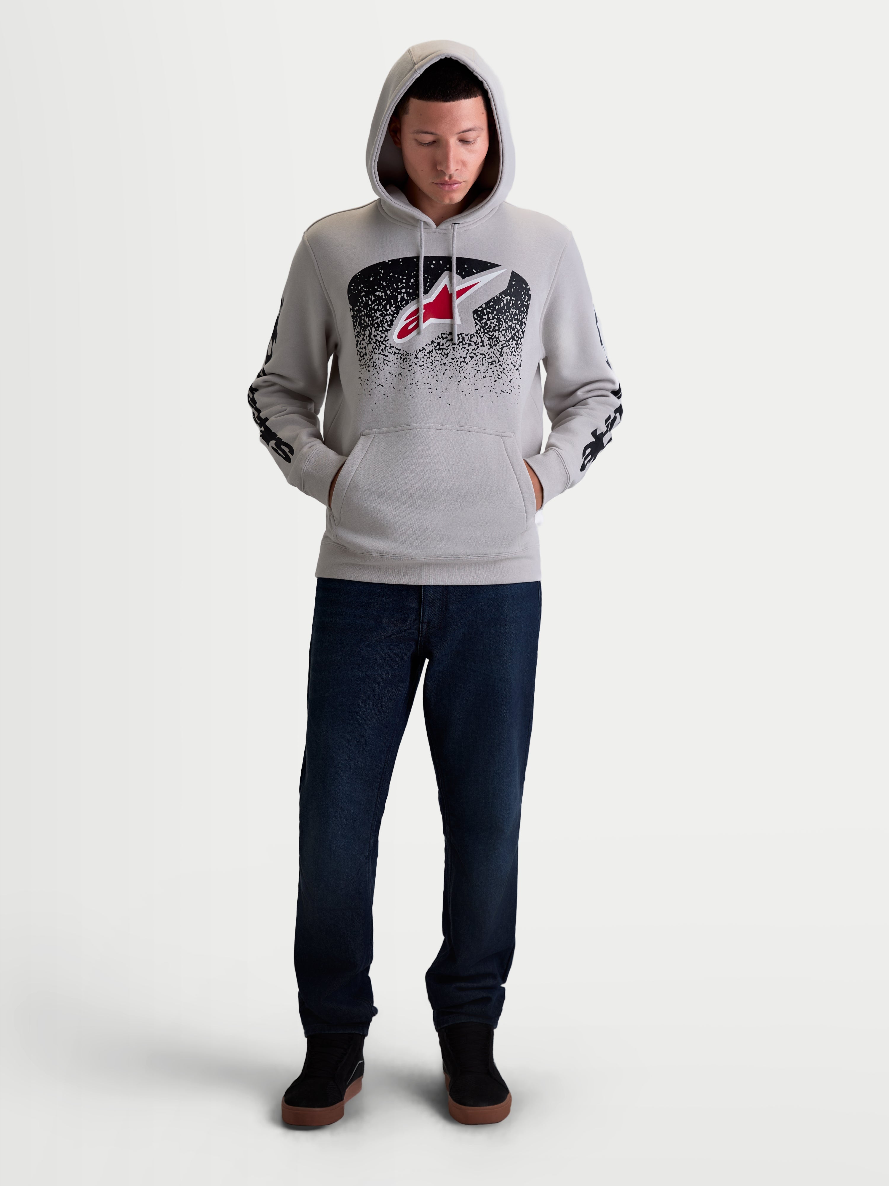 Alpinestars Obsessed Hoodie, Men's Sportswear Pullover Fleece in Cement Gray with Red and Black MX-inspired Gradient Graphics, front Astars logo and sleeve branding, soft cotton and recycled polyester blend for casual motorsport lifestyle.