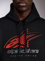 Alpinestars Pulse Hoodie, black pullover hoodie, close-up of chest featuring red Astars logo with speed line fade and silver branding, black drawstrings with dipped tips, casual motorsport streetwear