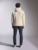 Alpinestars Pulse Hoodie, casual streetwear, Off White, back view on model wearing dark denim jeans and sneakers, hooded pullover fleece with ribbed cuffs and hem