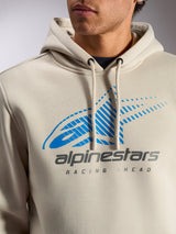 Alpinestars Pulse Hoodie, Off White casual streetwear pullover, close-up of chest featuring blue and gray Astars Combo Logo with speed line fade and 'Racing Ahead' text, drawstring hood with dipped tips.