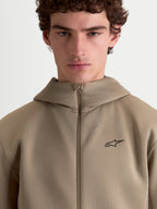 Alpinestars Cypher Hoodie, Sportswear Full-Zip Fleece for Men and Women, Putty Beige, featuring a high-neck hood, technical tri-blend double-face fabric, and a minimalist Alpinestars logo on the chest.