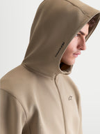 Alpinestars Cypher Hoodie, Sportswear Zip-Front Fleece, Men, Putty Beige, featuring a high-neck mesh-lined hood with side Alpinestars branding and chest logo, on-model profile view.