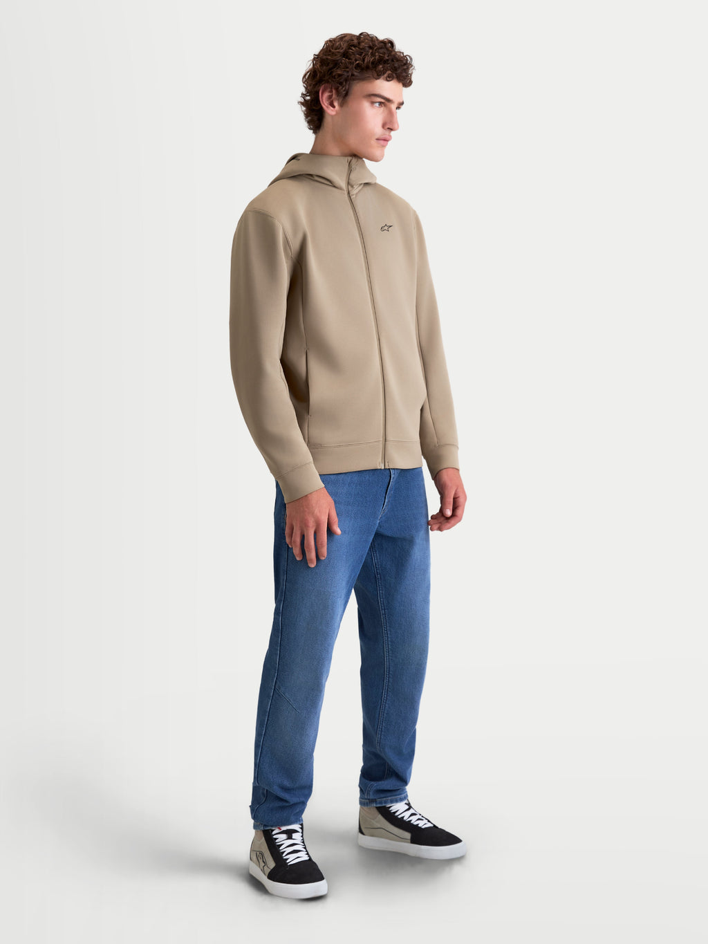 Alpinestars Cypher Hoodie, Men's Full-Zip Sportswear Hoodie in Putty Beige, featuring a high-neck hood and tri-blend double-face fleece fabric construction for a clean motorsport-inspired look.