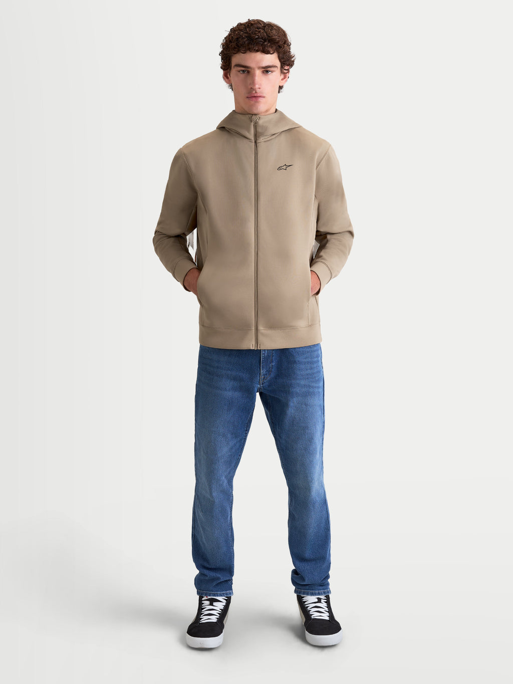 Alpinestars Cypher Hoodie, Men's Full-Zip Sportswear Fleece in Putty Beige, featuring a high-neck hood, discreet on-seam pockets, and a clean motorsport-inspired design with a small black Alpinestars logo on the chest.