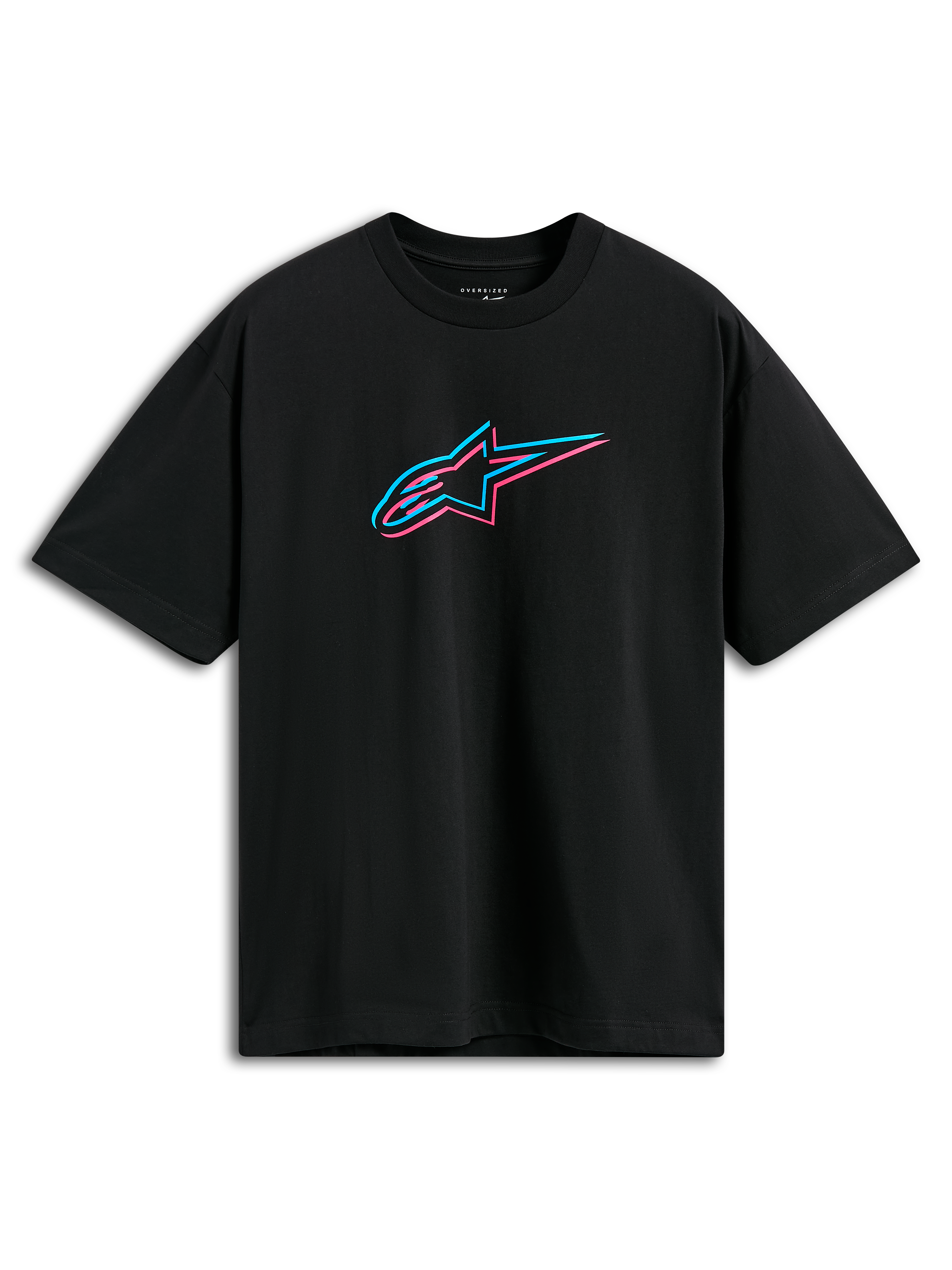 Alpinestars Alter Oversized CSF Tee, Short Sleeve T-Shirt, Black, Front Astars Logo with Pink and Blue Color Off-set, Casual Motorsport Streetwear