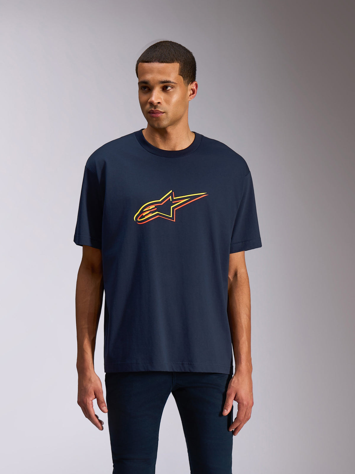 Alpinestars Alter Oversized CSF Tee, Short Sleeve T-Shirt, Navy Blue, Orange and Yellow Astars Logo with color off-set, Casual Motorsport Streetwear