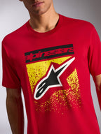 Alpinestars Noka CSF Tee, Short Sleeve T-Shirt, Red, Front graphic with black Alpinestars text and Astars logo over yellow speckled design, Casual Motorsport Streetwear