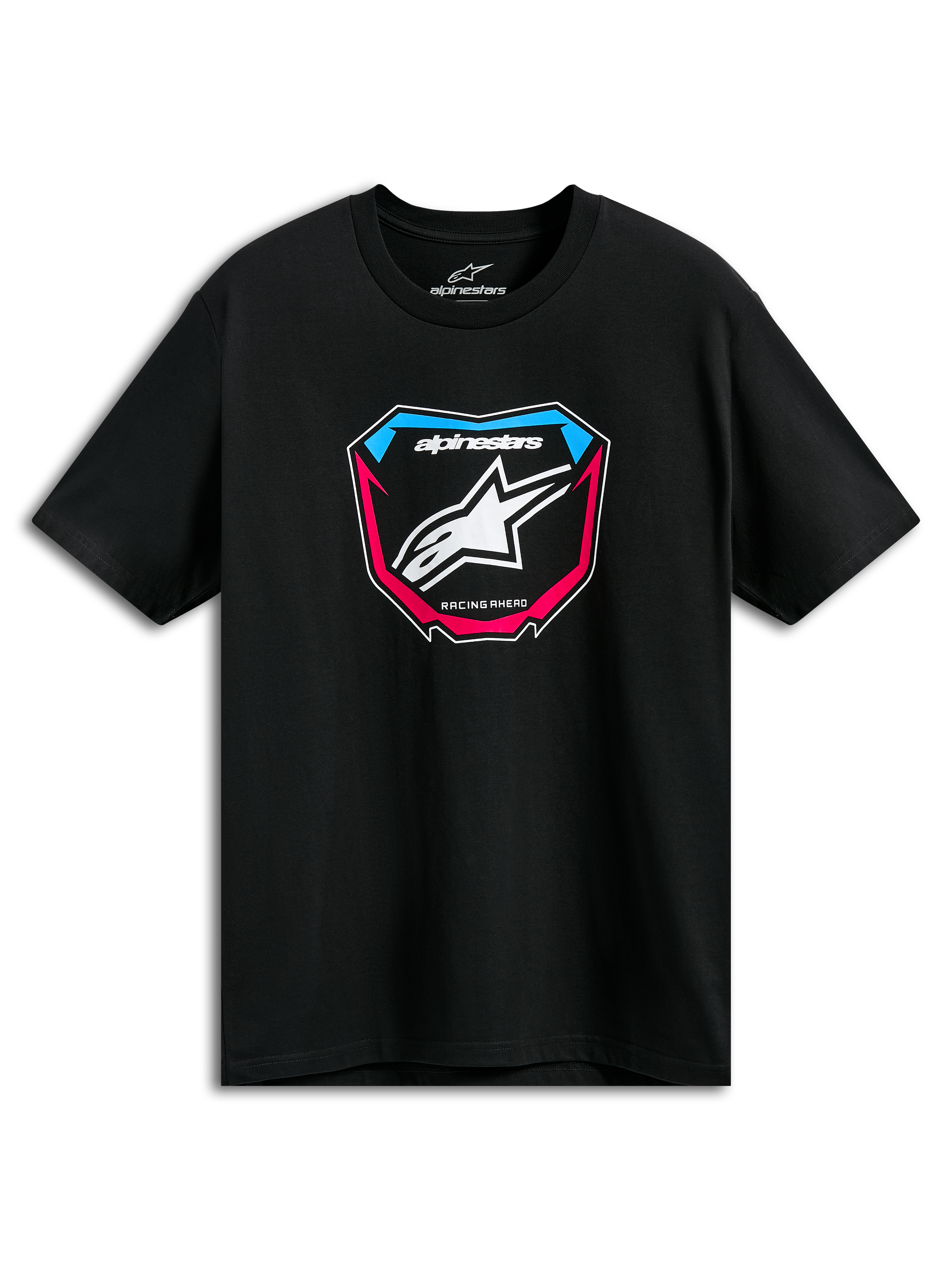 Alpinestars Plate CSF Tee, Short Sleeve T-Shirt, Black, Front MX Plate Graphic with White Star Logo and Blue and Pink Accents, Casual Motorsport Sportswear