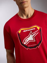 Alpinestars Plate CSF Tee, Short Sleeve T-Shirt, Red, featuring a front MX plate graphic with white star logo and "RACING AHEAD" text, casual motorsport streetwear