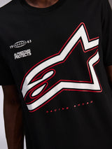 Alpinestars Authority CSF Tee, Short Sleeve T-Shirt, Black, Large White Astars Logo with Red Outline, 'Alpinestars Protects' and 'Racing Ahead' text, Casual Motorsport Streetwear